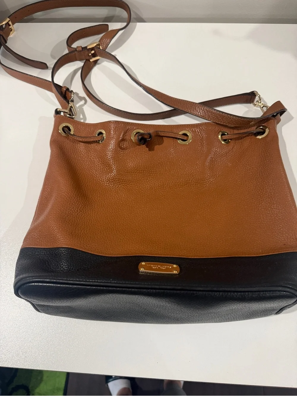 Michael Kors Brown & Black Pebbled Leather Drawstring Bucket Crossbody Bag